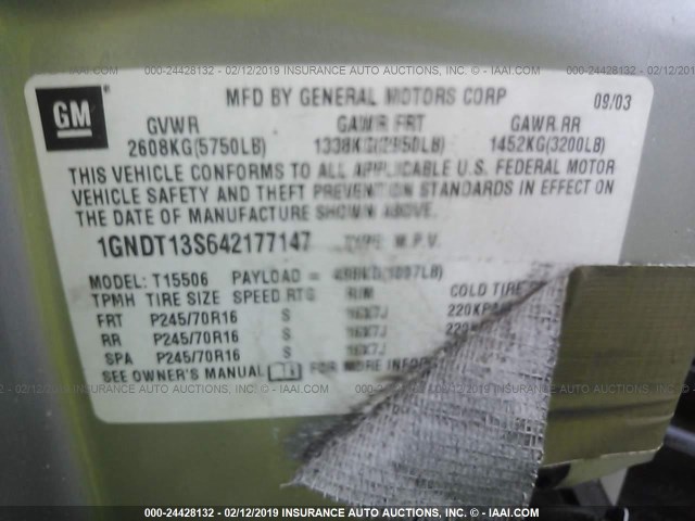 1GNDT13S642177147 - 2004 CHEVROLET TRAILBLAZER LS/LT Pewter photo 9