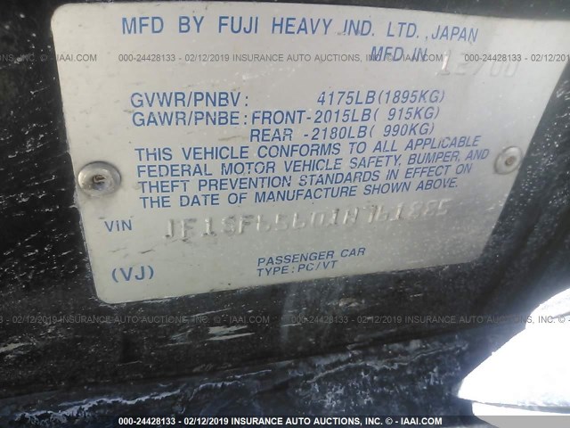 JF1SF65601H761885 - 2001 SUBARU FORESTER S Սև լուսանկար 9