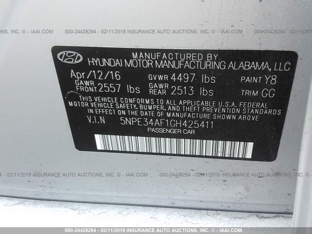 5NPE34AF1GH425411 - 2016 HYUNDAI SONATA SPORT/LIMITED SILVER photo 9