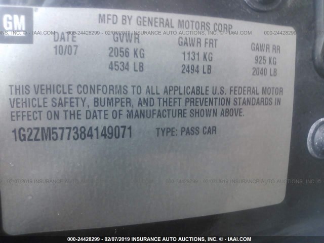 1G2ZM577384149071 - 2008 PONTIAC G6 GXP BLACK photo 9