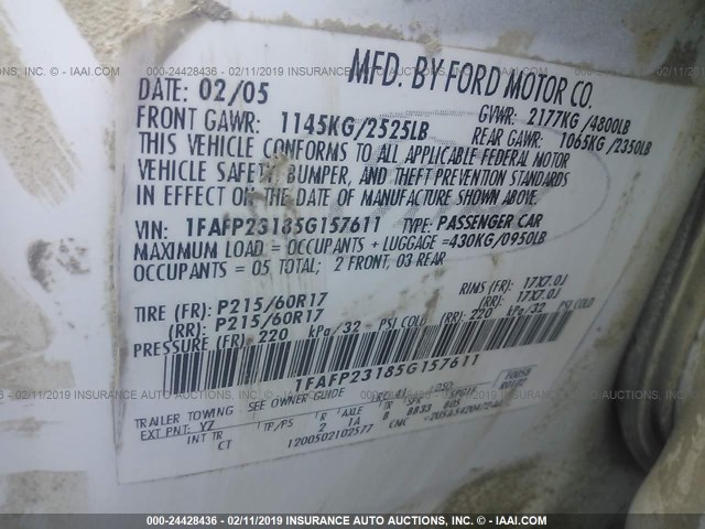 1FAFP23185G157611 - 2005 FORD FIVE HUNDRED SE WHITE photo 9