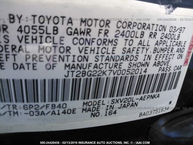 JT2BG22K7V0052014 - 1997 TOYOTA CAMRY LE/XLE Жасыл фото 9