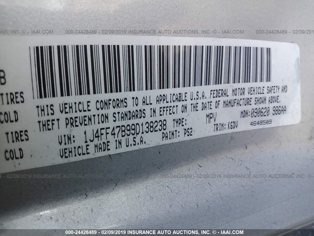 1J4FF47B99D138238 - 2009 JEEP COMPASS SPORT SILVER photo 9