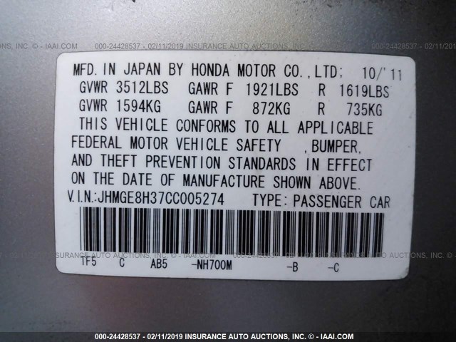 JHMGE8H37CC005274 - 2012 HONDA FIT SILVER photo 9