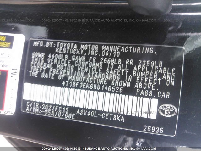 4T1BF3EK6BU146526 - 2011 TOYOTA CAMRY SE/LE/XLE BLACK photo 9