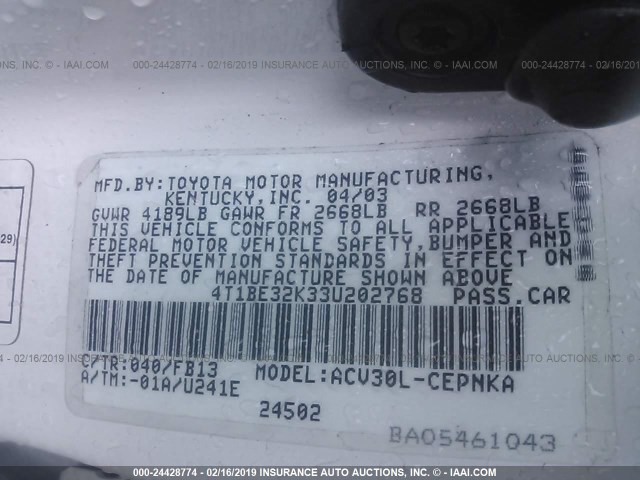4T1BE32K33U202768 - 2003 TOYOTA CAMRY LE/XLE/SE WHITE photo 9