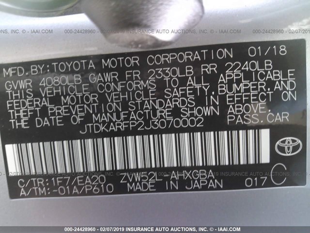 JTDKARFP2J3070002 - 2018 TOYOTA PRIUS PRIME  银色 照片 9