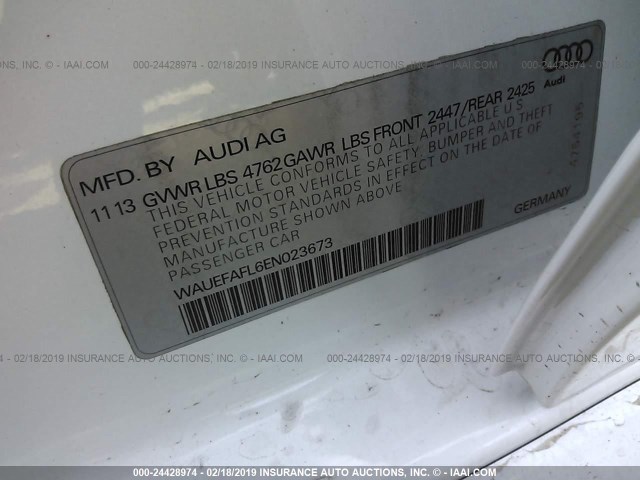 WAUEFAFL6EN023673 - 2014 AUDI A4 PREMIUM PLUS WHITE photo 9