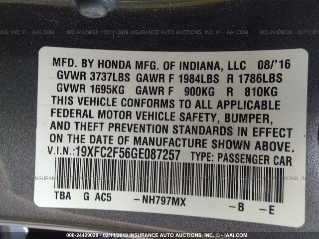 19XFC2F56GE087257 - 2016 HONDA CIVIC LX GRAY photo 9