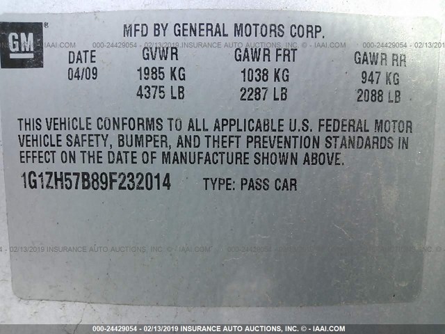 1G1ZH57B89F232014 - 2009 CHEVROLET MALIBU 1LT 银色 照片 9