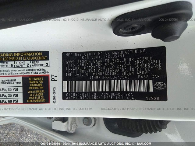 4T1BF1FK4EU417848 - 2014 TOYOTA CAMRY L/SE/LE/XLE 白色 照片 9