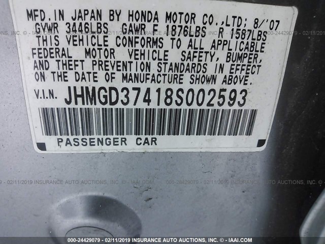 JHMGD37418S002593 - 2008 HONDA FIT GRAY photo 9