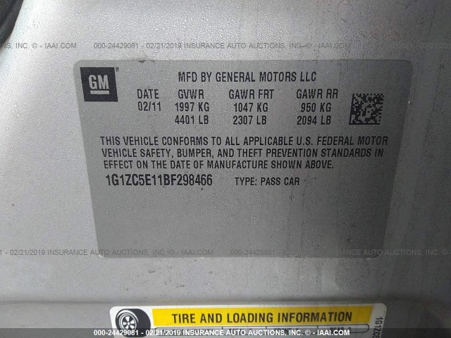 1G1ZC5E11BF298466 - 2011 CHEVROLET MALIBU 1LT ვერცხლისფერი ფოტო 9