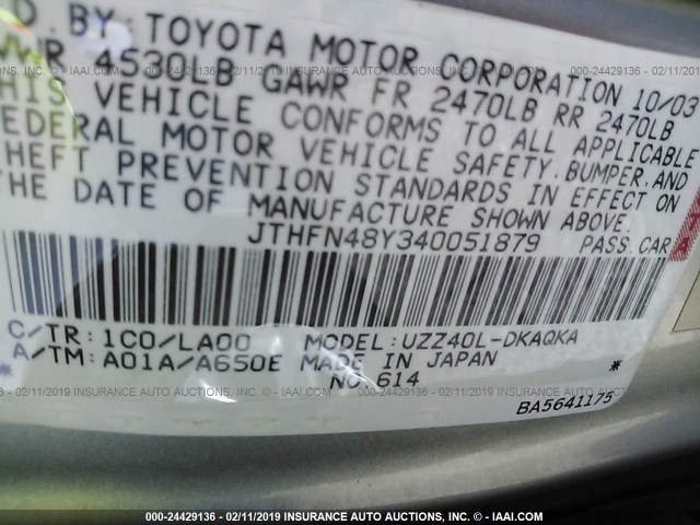 JTHFN48Y340051879 - 2004 LEXUS SC 430 SILVER photo 9