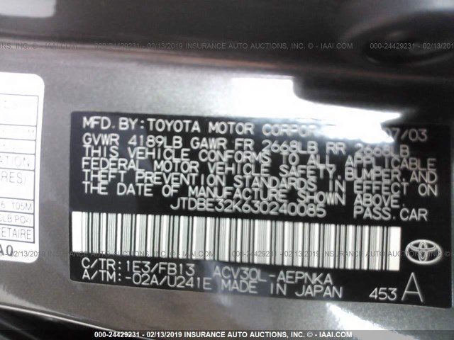 JTDBE32K630240085 - 2003 TOYOTA CAMRY LE/XLE GRAY photo 9