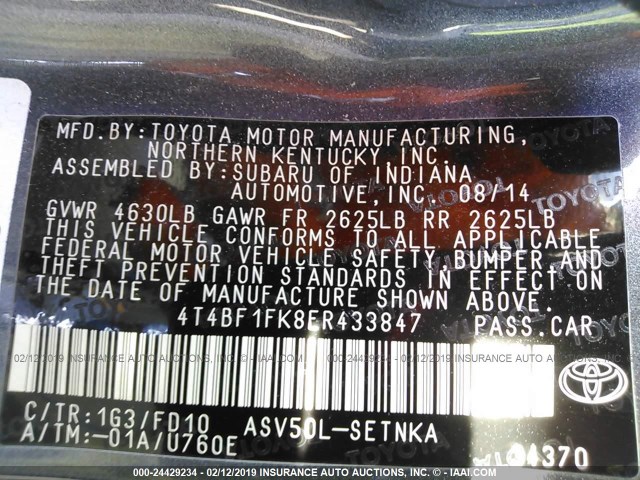 4T4BF1FK8ER433847 - 2014 TOYOTA CAMRY L/SE/LE/XLE 灰色 照片 9
