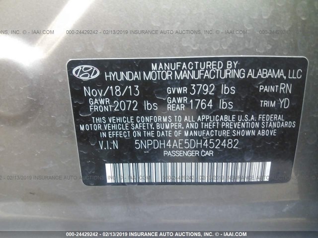 5NPDH4AE5DH452482 - 2013 HYUNDAI ELANTRA GLS/LIMITED GOLD photo 9