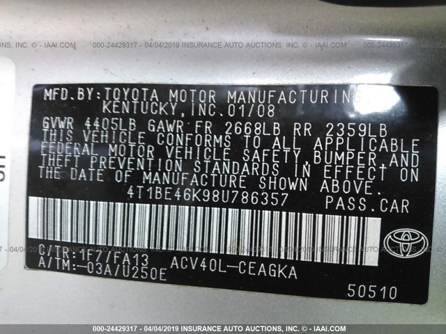 4T1BE46K98U786357 - 2008 TOYOTA CAMRY CE/LE/XLE/SE 银色 照片 9