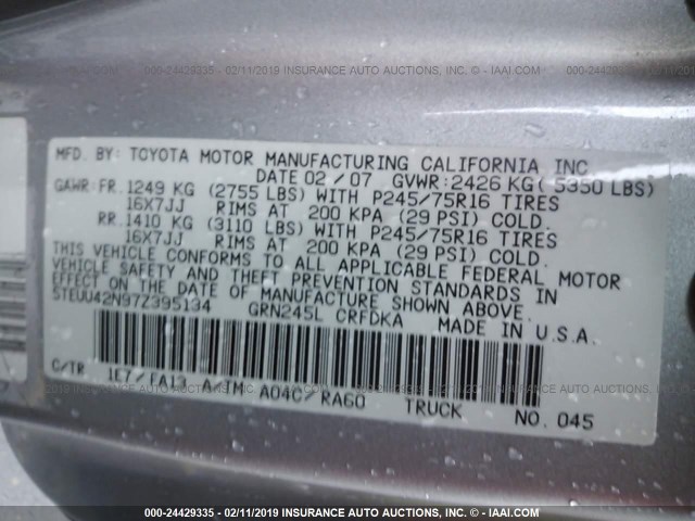 5TEUU42N97Z395134 - 2007 TOYOTA TACOMA ACCESS CAB ნაცრისფერი ფოტო 9
