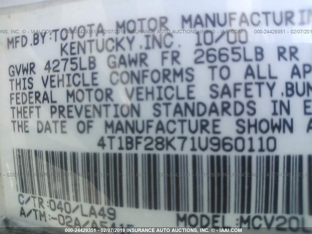 4T1BF28K71U960110 - 2001 TOYOTA CAMRY LE/XLE WHITE photo 9
