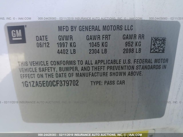 1G1ZA5E00CF379702 - 2012 CHEVROLET MALIBU LS WHITE photo 9