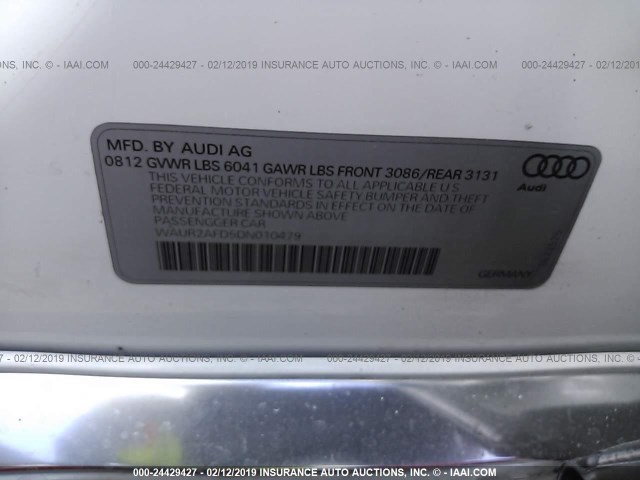 WAUR2AFD5DN010479 - 2013 AUDI A8 L QUATTRO WHITE photo 9