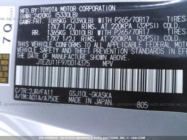 JTEZU11F970014375 - 2007 TOYOTA FJ CRUISER SILVER photo 9