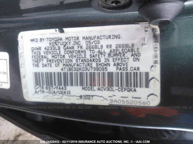 4T1BE32K03U739095 - 2003 TOYOTA CAMRY LE/XLE/SE GRAY photo 9