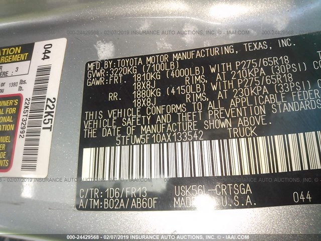 5TFUW5F10AX133542 - 2010 TOYOTA TUNDRA DOUBLE CAB SR5 GRAY photo 9