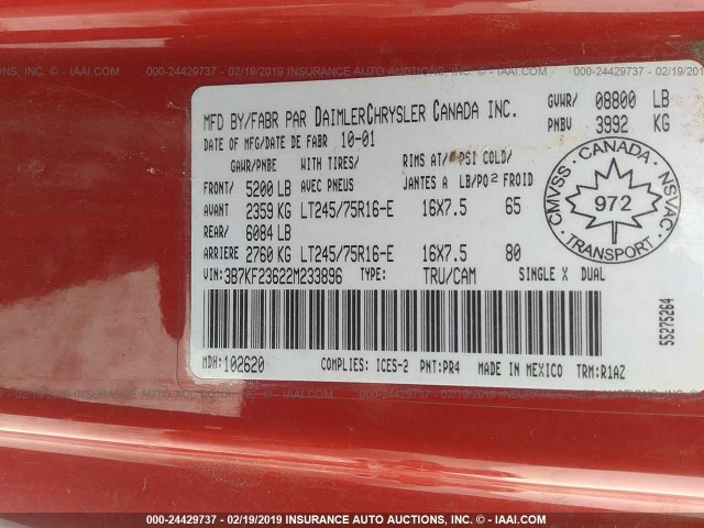 3B7KF23622M233896 - 2002 DODGE RAM 2500 RED photo 9