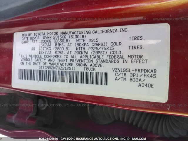5TEGN92N73Z212511 - 2003 TOYOTA TACOMA DOUBLE CAB PRERUNNER RED photo 9