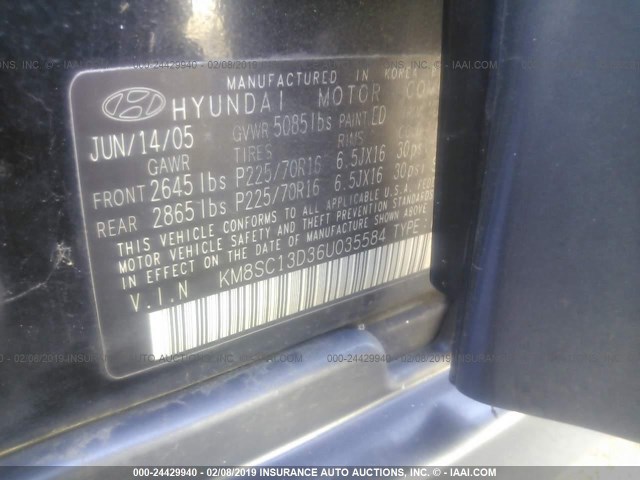 KM8SC13D36U035584 - 2006 HYUNDAI SANTA FE GLS/LIMITED BLACK photo 9