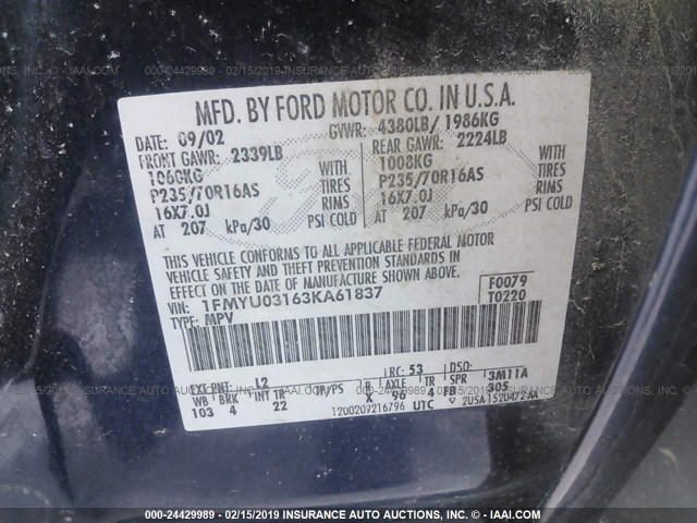 1FMYU03163KA61837 - 2003 FORD ESCAPE XLT Dark Blue photo 9