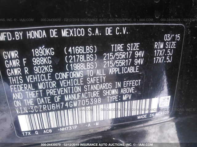 3CZRU6H74GM705398 - 2016 HONDA HR-V EXL BLACK photo 9