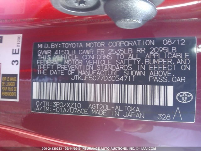 JTKJF5C77D3054711 - 2013 TOYOTA SCION TC RED photo 9