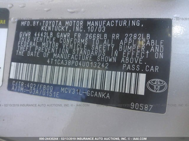 4T1CA38P04U013242 - 2004 TOYOTA CAMRY SOLARA SE/SLE GOLD photo 9