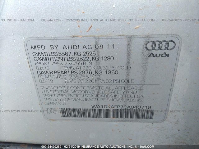 WA1DKAFP7CA040719 - 2012 AUDI Q5 PREMIUM PLUS SILVER photo 9