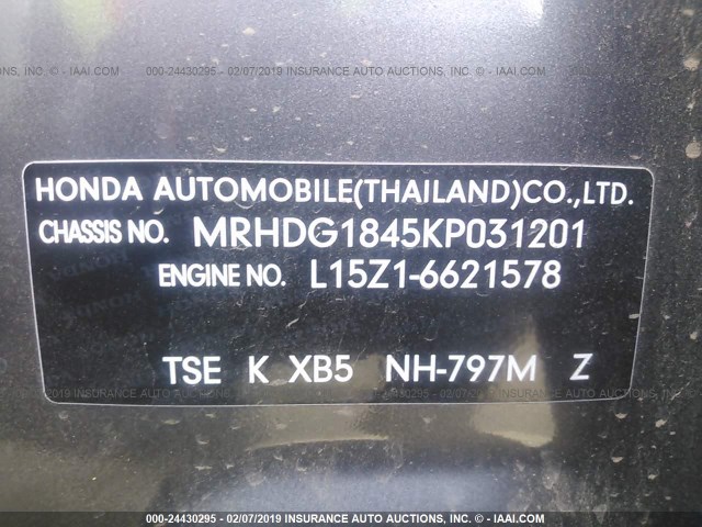 MRHDG1845KP031201 - 2019 HONDA CR-V GRAY photo 9