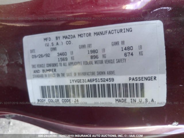 1YVGE31A6P5152459 - 1993 MAZDA MX-6 RED photo 9