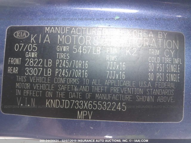 KNDJD733X65532245 - 2006 KIA SORENTO EX/LX BLUE photo 9