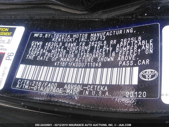 4T1BF1FK0DU711049 - 2013 TOYOTA CAMRY L/SE/LE/XLE 黑色 照片 9