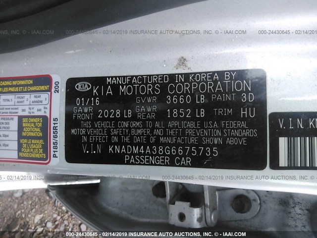 KNADM4A38G6675735 - 2016 KIA RIO LX SILVER photo 9