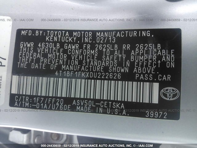 4T1BF1FKXDU222626 - 2013 TOYOTA CAMRY L/SE/LE/XLE SILVER photo 9