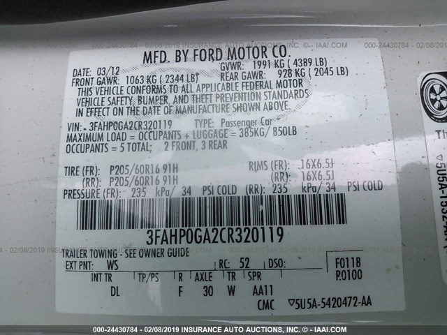 3FAHP0GA2CR320119 - 2012 FORD FUSION S WHITE photo 9