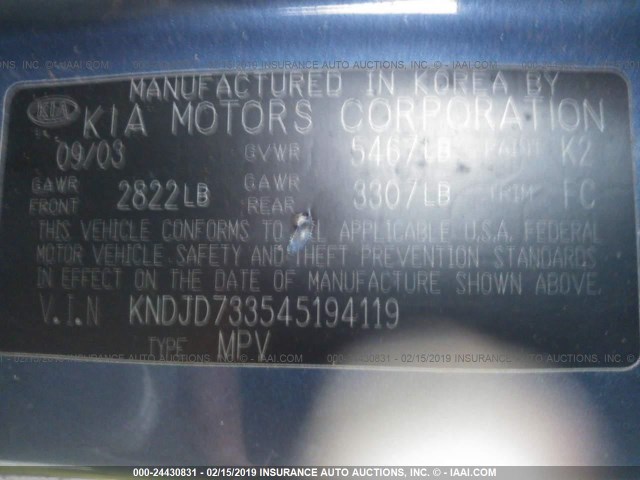 KNDJD733545194119 - 2004 KIA SORENTO EX/LX BLUE photo 9