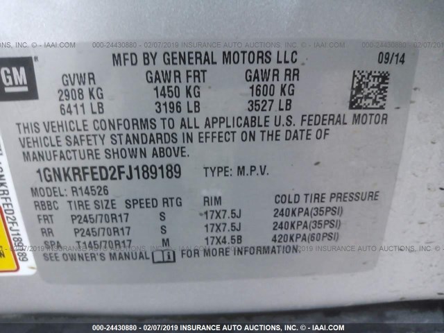 1GNKRFED2FJ189189 - 2015 CHEVROLET TRAVERSE LS SILVER photo 9