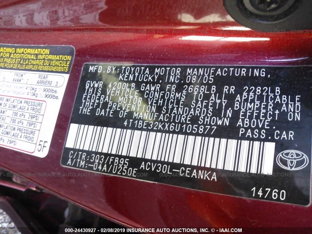 4T1BE32KX6U105877 - 2006 TOYOTA CAMRY LE/XLE/SE RED photo 9
