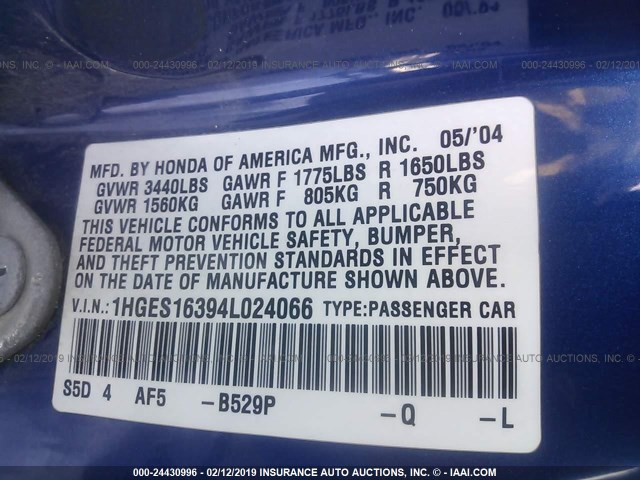 1HGES16394L024066 - 2004 HONDA CIVIC DX VP BLUE photo 9