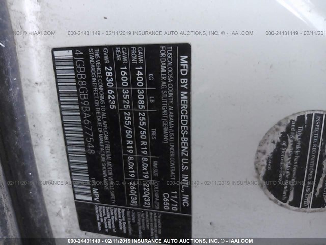 4JGBB8GB9BA677548 - 2011 MERCEDES-BENZ ML 350 4MATIC WHITE photo 9