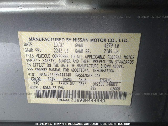 1N4AL21E98N444340 - 2008 NISSAN ALTIMA 2.5/2.5S GRAY photo 9